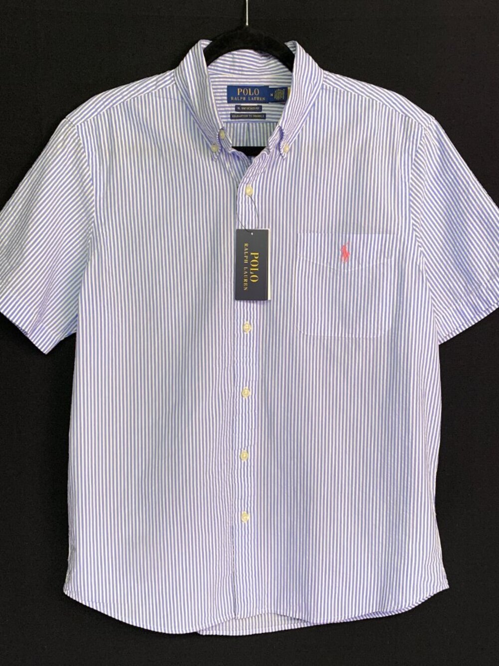 POLO Untucked Fit Seersucker Oxford Blue/White Button Down Shirt MED – NWT